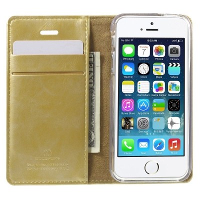 Mercury Blue Moon atverčiamas Apple iPhone SE (5, 5s) auksinis odinis dėklas - piniginė / Priedai.lt