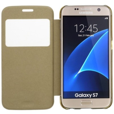 Samsung Galaxy S7 (G930) View Window atvēramais zelta maciņš / Vacins.lv