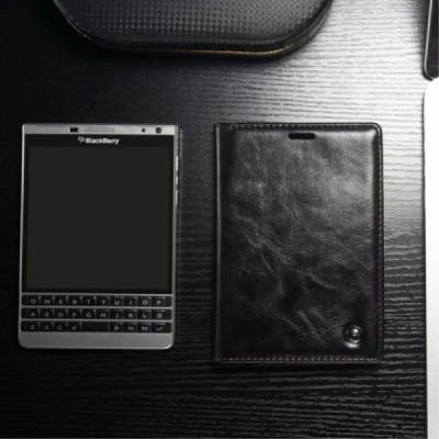 BlackBerry Passport Q30 „CaseMe“ solidus atverčiamas juodas odinis dėklas - knygutė / Priedai.lt