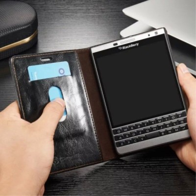 BlackBerry Passport Q30 „CaseMe“ solidus atverčiamas juodas odinis dėklas - knygutė / Priedai.lt