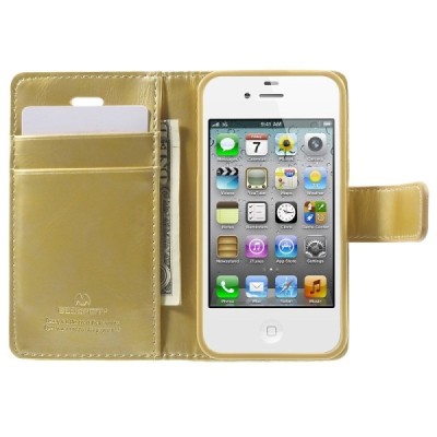 Mercury Blue Moon iPhone 4 / 4S atvērams zelta ādas maciņš / Vacins.lv