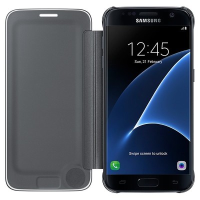 Samsung Galaxy S7 (G930) oficiāls Clear View Cover atvērams melns ādas maciņš / Vacins.lv