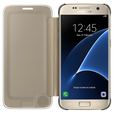 Samsung Galaxy S7 (G930) oficiāls Clear View Cover atvērams zelta ādas maciņš / Vacins.lv
