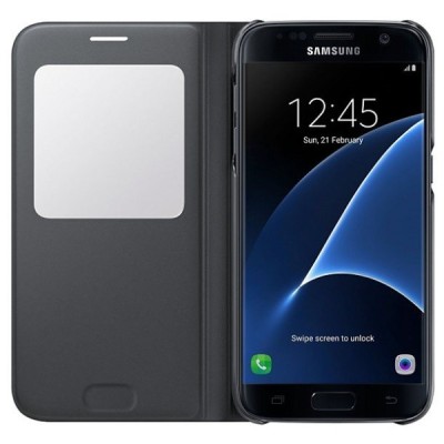 Samsung Galaxy S7 G930 oficiāls S View Cover atvērams melns ādas maciņš / Vacins.lv