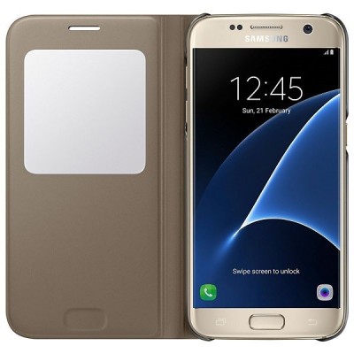 Samsung Galaxy S7 G930 oficiāls S View Cover atvērams zelta ādas maciņš / Vacins.lv