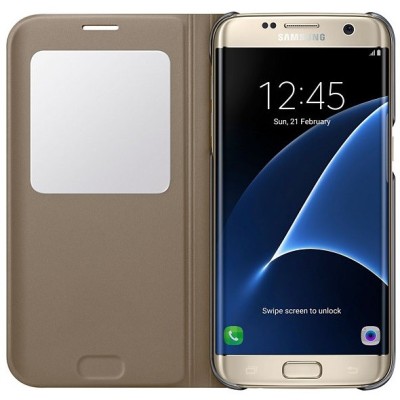 Samsung Galaxy S7 Edge G935 oficiāls S View Cover atvērams zelta ādas maciņš / Vacins.lv