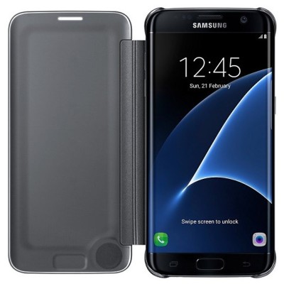 Samsung Galaxy S7 Edge (G935) oficiāls Clear View Cover atvērams melns ādas maciņš / Vacins.lv