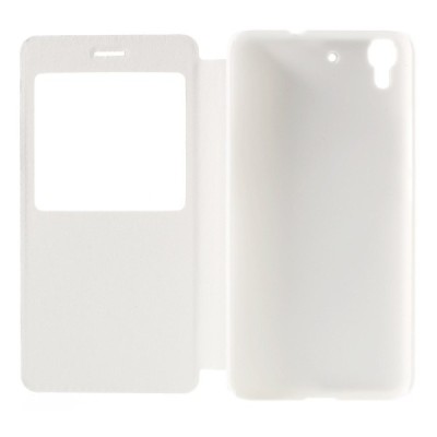 Huawei Y6 baltas odinis atverčiamas „Smart Window“ dėklas su langeliu / Priedai.lt
