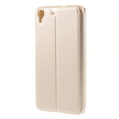 Huawei Y6 zelta atvēramais Smart Window ādas maciņš / Vacins.lv