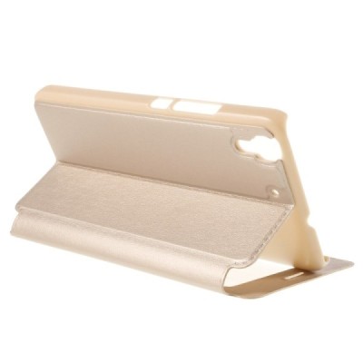 Huawei Y6 zelta atvēramais Smart Window ādas maciņš / Vacins.lv