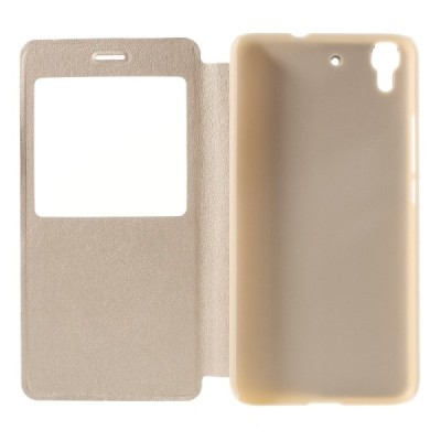 Huawei Y6 zelta atvēramais Smart Window ādas maciņš / Vacins.lv