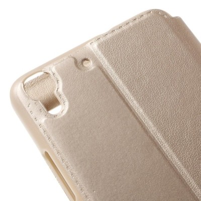 Huawei Y6 zelta atvēramais Smart Window ādas maciņš / Vacins.lv