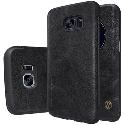 Prabangus „Nillkin“ Qin serijos juodas odinis atverčiamas Samsung Galaxy S7 Edge (G935) dėklas / Priedai.lt