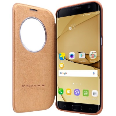 Prabangus „Nillkin“ Qin serijos rudas odinis atverčiamas Samsung Galaxy S7 Edge (G935) dėklas / Priedai.lt