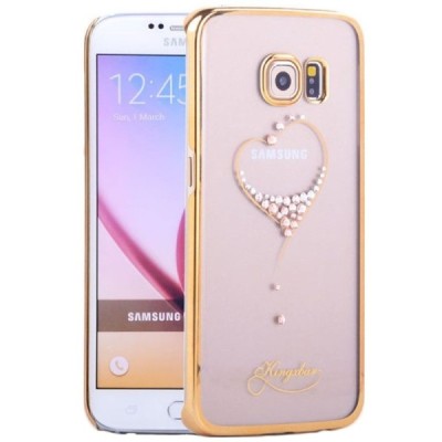 Samsung Galaxy S6 Edge (G925) Kingxbar Crystal Love Swarovski plastikinis skaidrus permatomas auksinis dėklas su kristalais / Pr