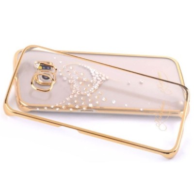 Samsung Galaxy S6 Edge (G925) Kingxbar Crystal Love Swarovski plastikinis skaidrus permatomas auksinis dėklas su kristalais / Pr