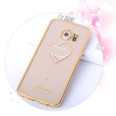 Samsung Galaxy S6 Edge (G925) Kingxbar Crystal Love Swarovski plastikinis skaidrus permatomas auksinis dėklas su kristalais / Pr