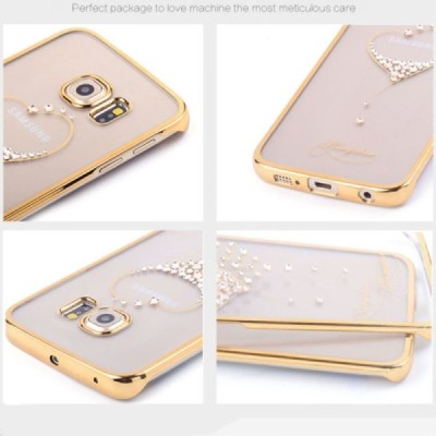 Samsung Galaxy S6 Edge (G925) Kingxbar Crystal Love Swarovski plastikinis skaidrus permatomas auksinis dėklas su kristalais / Pr