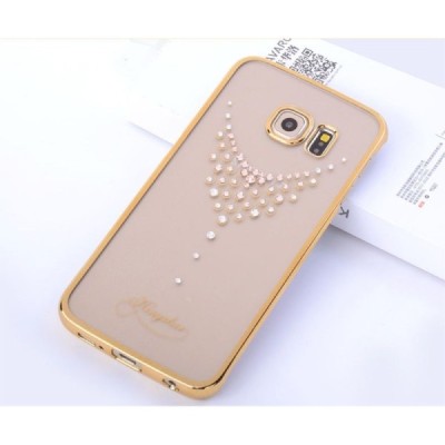 Samsung Galaxy S6 Edge (G925) Kingxbar Crystal Icon Pro Necklace Swarovski plastikinis skaidrus permatomas auksinis dėklas su kr