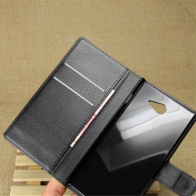 ony Xperia M2 Aqua atverčiamas juodas odinis Litchi dėklas - piniginė / Priedai.lt