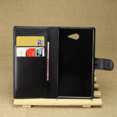 ony Xperia M2 Aqua atverčiamas juodas odinis Litchi dėklas - piniginė / Priedai.lt