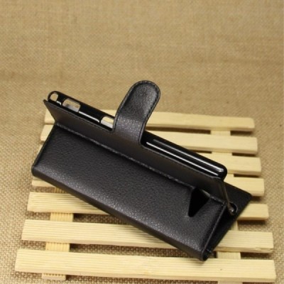 ony Xperia M2 Aqua atverčiamas juodas odinis Litchi dėklas - piniginė / Priedai.lt