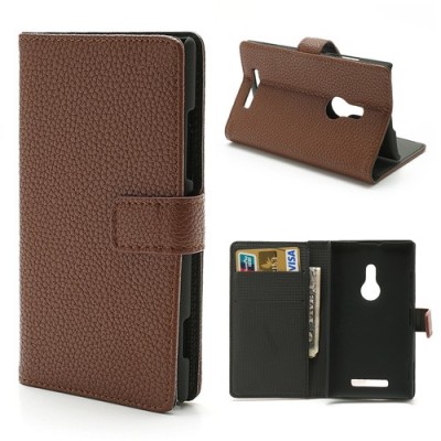 Nokia Lumia 925 atvēramais brūns ādas Lychee futrālis - maciņš / Vacins.lv