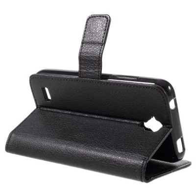 Huawei Y5 (Y560) atvēramais melns ādas Litchi maciņš - maks / Vacins.lv