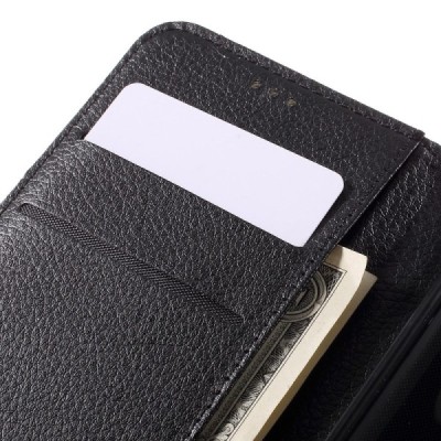 Huawei Y5 (Y560) atvēramais melns ādas Litchi maciņš - maks / Vacins.lv