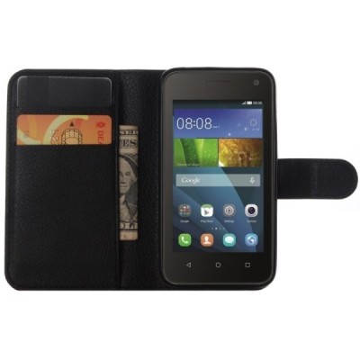 Huawei Y3 (Y336, Y3C) atvēramais melns ādas Litchi maciņš - maks / Vacins.lv