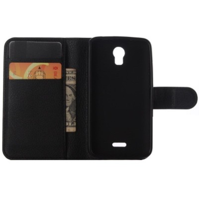 Huawei Y3 (Y336, Y3C) atvēramais melns ādas Litchi maciņš - maks / Vacins.lv