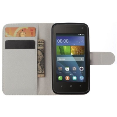 Huawei Y3 (Y336, Y3C) atvēramais balts ādas Litchi maciņš - maks / Vacins.lv