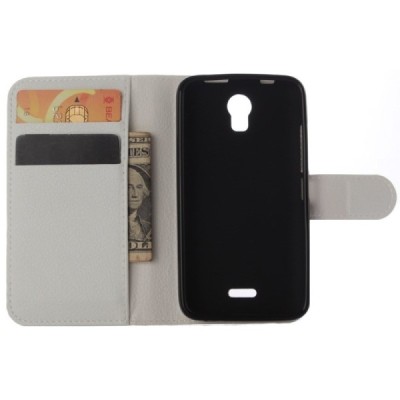 Huawei Y3 (Y336, Y3C) atvēramais balts ādas Litchi maciņš - maks / Vacins.lv