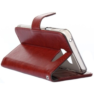 Samsung Galaxy A5 2016 (A510F) atverčiamas rudas odinis dėklas - piniginė / Priedai.lt