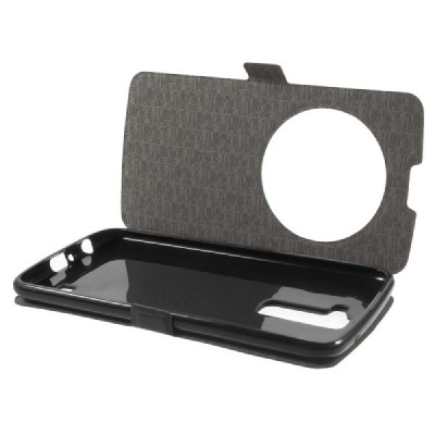 LG K10 (K420N) juodas odinis atverčiamas dėklas su langeliu / Priedai.lt