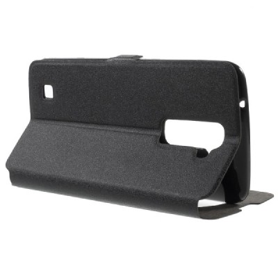 LG K10 (K420N) juodas odinis atverčiamas dėklas su langeliu / Priedai.lt