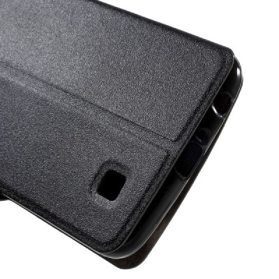 LG K10 (K420N) juodas odinis atverčiamas dėklas su langeliu / Priedai.lt