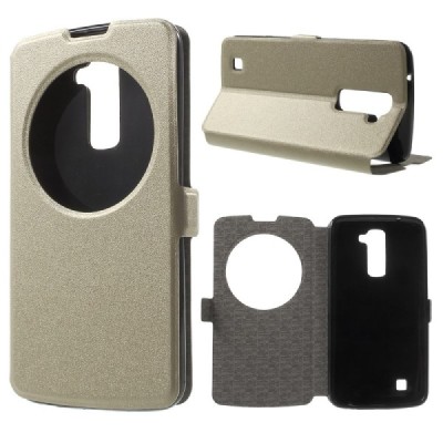LG K10 (K420N) auksinis odinis atverčiamas dėklas su langeliu / Priedai.lt