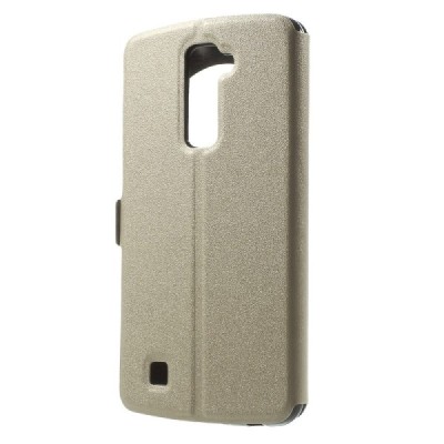 LG K10 (K420N) auksinis odinis atverčiamas dėklas su langeliu / Priedai.lt