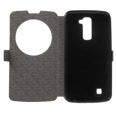 LG K10 (K420N) auksinis odinis atverčiamas dėklas su langeliu / Priedai.lt