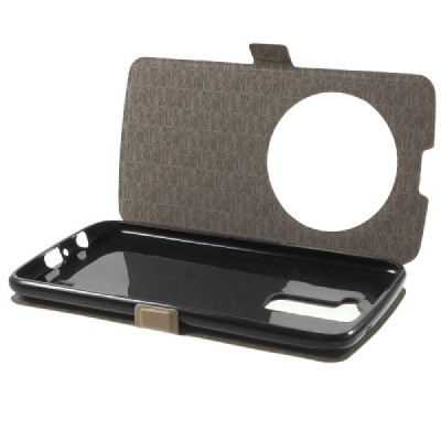 LG K10 (K420N) auksinis odinis atverčiamas dėklas su langeliu / Priedai.lt