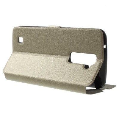 LG K10 (K420N) auksinis odinis atverčiamas dėklas su langeliu / Priedai.lt