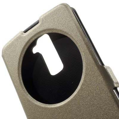 LG K10 (K420N) auksinis odinis atverčiamas dėklas su langeliu / Priedai.lt