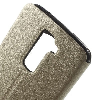 LG K10 (K420N) auksinis odinis atverčiamas dėklas su langeliu / Priedai.lt