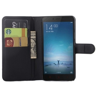 Xiaomi Redmi Note 2 atvēramais melns ādas Litchi maciņš / Vacins.lv