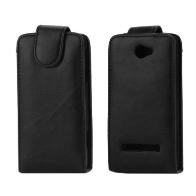 HTC Windows Phone 8S klasisks ādas vertikāli atvēramais melns maciņš / Vacins.lv