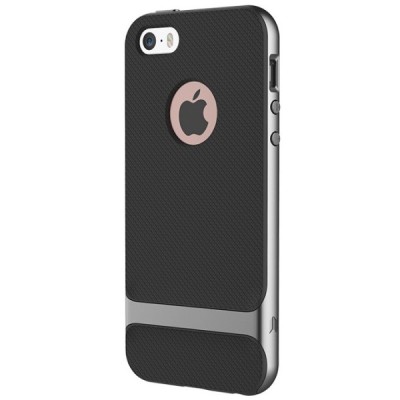 „Rock“ Royce sustiprintos apsaugos Apple iPhone 5 (5s,SE) juodas pilkais apvadais kieto silikono (TPU) ir plastiko dėklas / Prie
