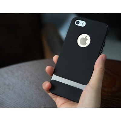 „Rock“ Royce sustiprintos apsaugos Apple iPhone 5 (5s,SE) juodas pilkais apvadais kieto silikono (TPU) ir plastiko dėklas / Prie