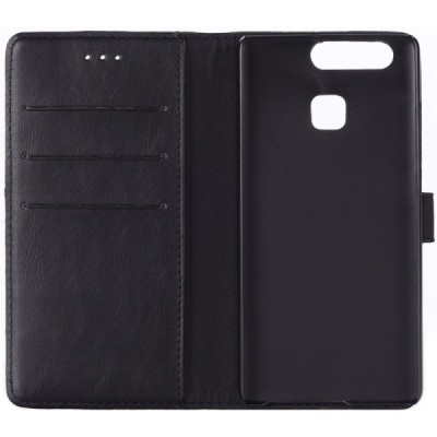 Huawei P9 atverčiamas juodas odinis retro dėklas - piniginė / Priedai.lt