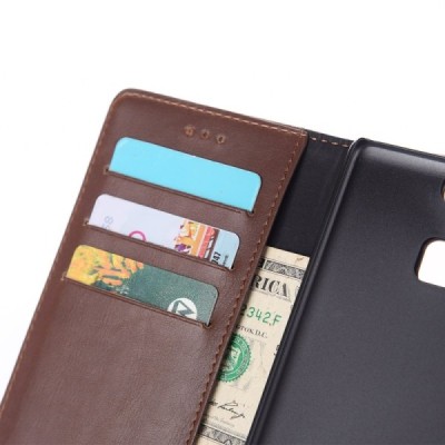 Huawei P9 atverčiamas tamsiai rudos spalvos odinis retro dėklas - piniginė / Priedai.lt